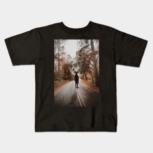 Horror movie vintage retro aesthetic cottagecore surrealism landscape nature fantastic fantasy Halloween deer orange camera creepy spooky vinyl music Kids T-Shirt